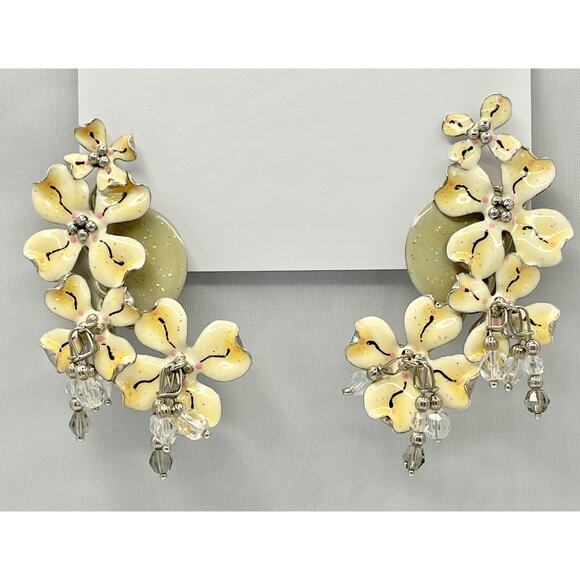 Lunch At The Ritz Enamel "DOGWOOD BRANCH" Statement Clip Earrings RARE!!! - Picture 1 of 10